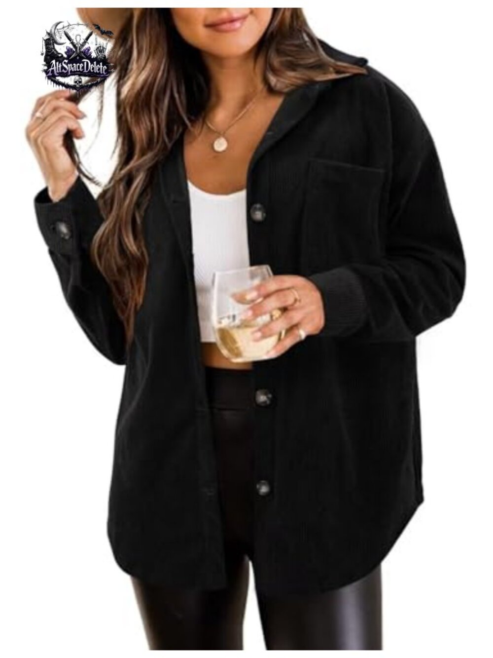 Corduroy Button Down Shacket Long Sleeve V Neck Loose Shirt Casual Blouse